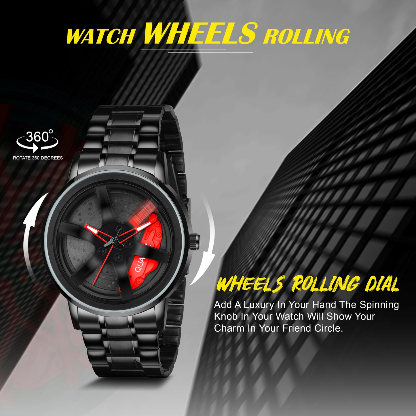 MotionX Spinning Car Wheel Dial Chain Strap Analog Watch for Men