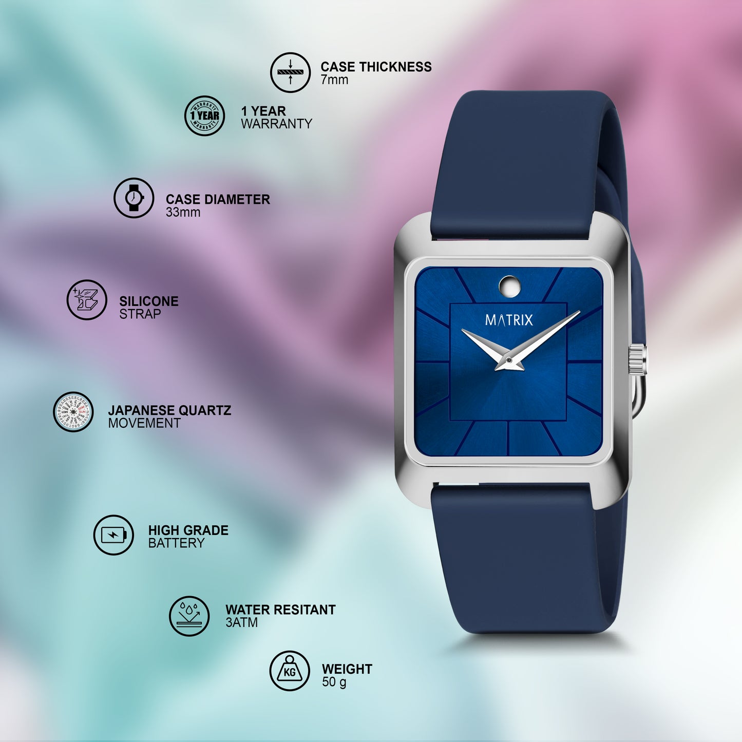 Minimalist Square Dial Silicone Strap Analog Watch for Men