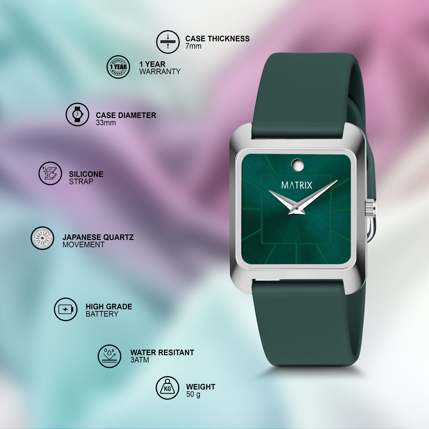 Minimalist Square Dial Silicone Strap Analog Watch for Men