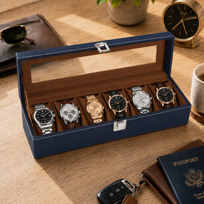 Matrix Accessorize Leather Watch Box Organizer- 6 Slots| Blue