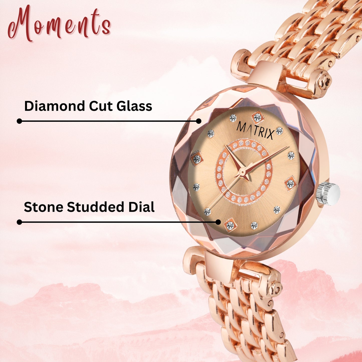Matrix Moments Collection | Diamond Cut Glass Bracelet Style Watch For Women