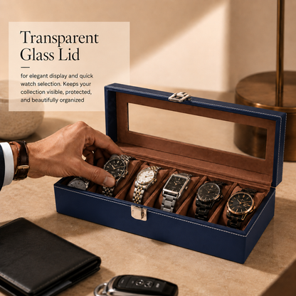 Matrix Accessorize Leather Watch Box Organizer- 6 Slots| Blue