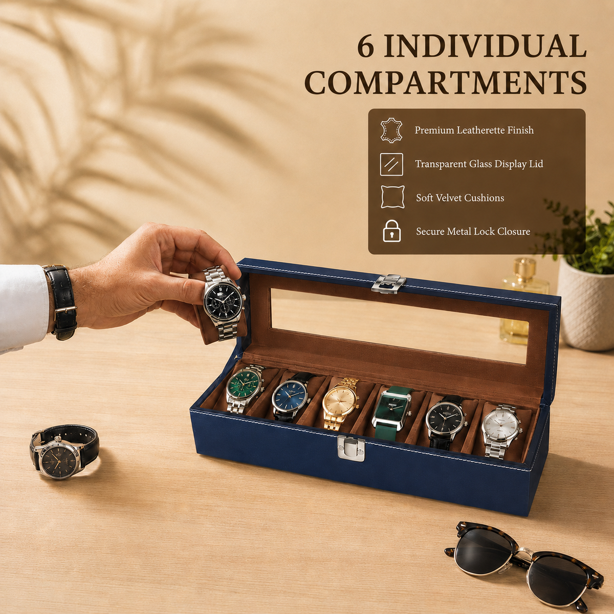 Matrix Accessorize Leather Watch Box Organizer- 6 Slots| Blue