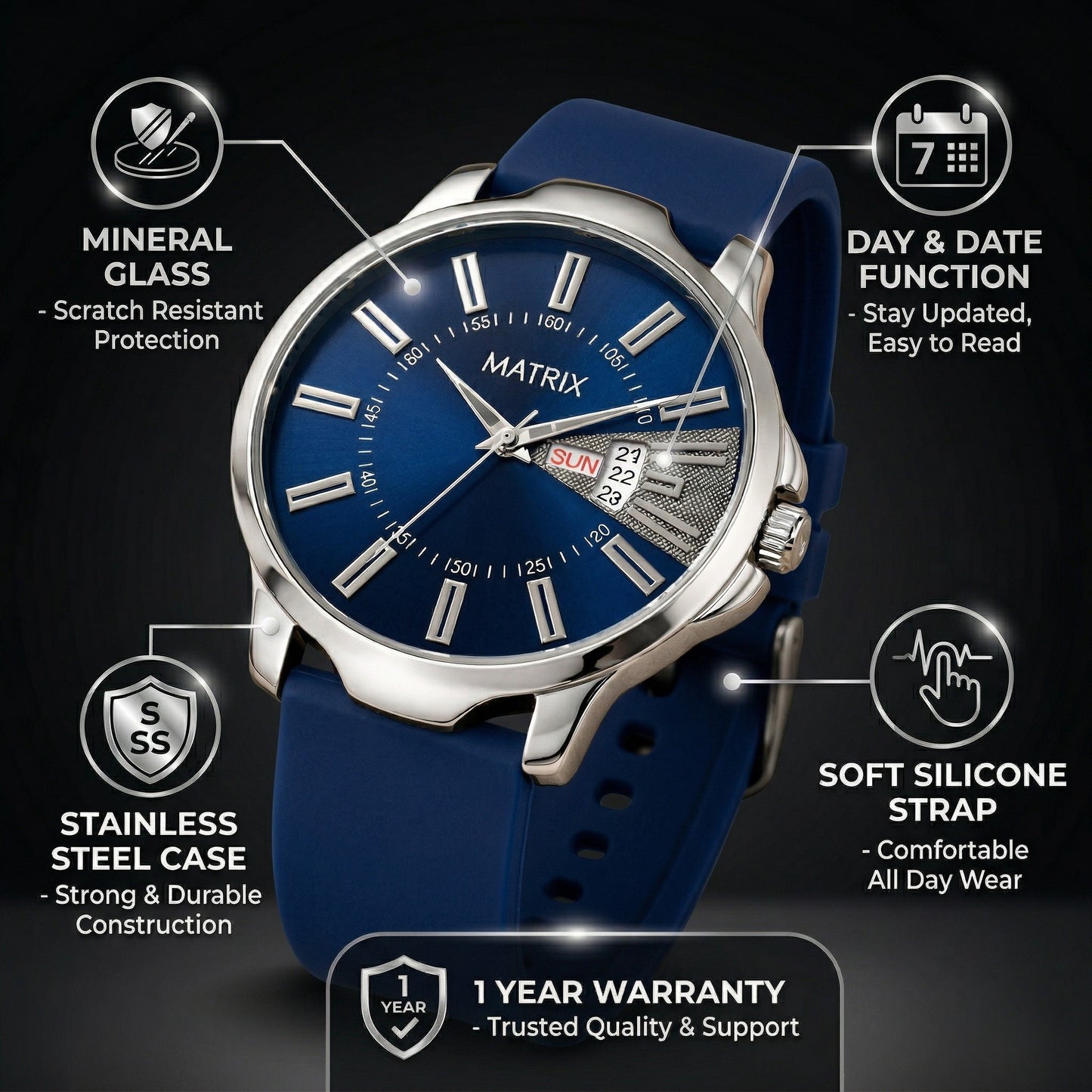 Matrix ELITE Day & Date Silicone Strap Analog Watch For Men & Boys