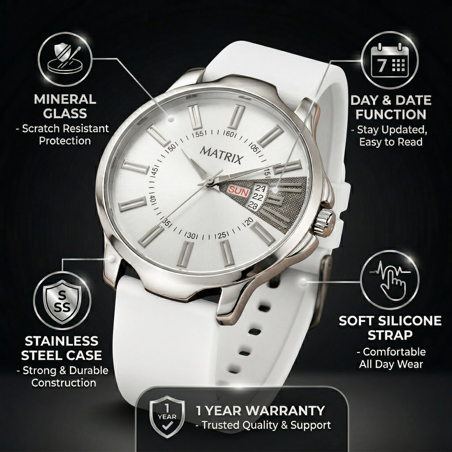 Matrix ELITE Day & Date Silicone Strap Analog Watch For Men & Boys