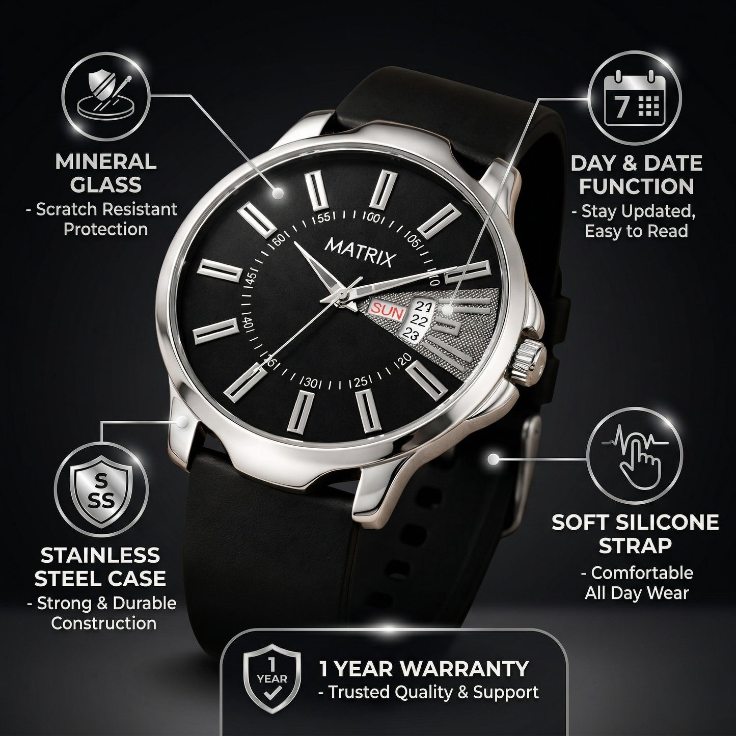 Matrix ELITE Day & Date Silicone Strap Analog Watch For Men & Boys