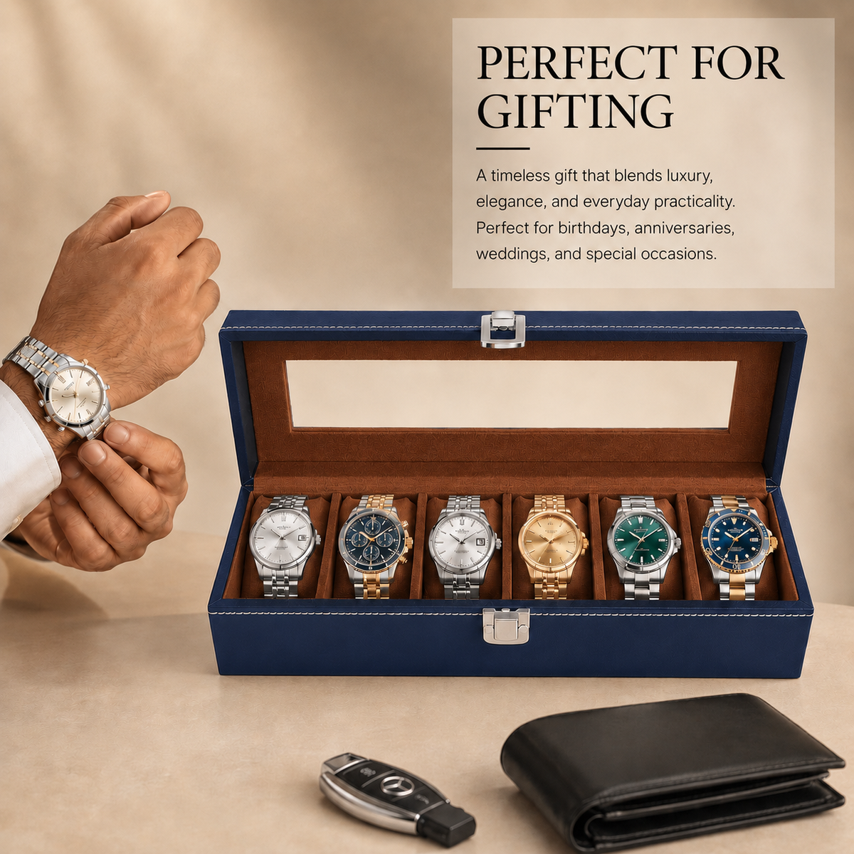 Matrix Accessorize Leather Watch Box Organizer- 6 Slots| Blue
