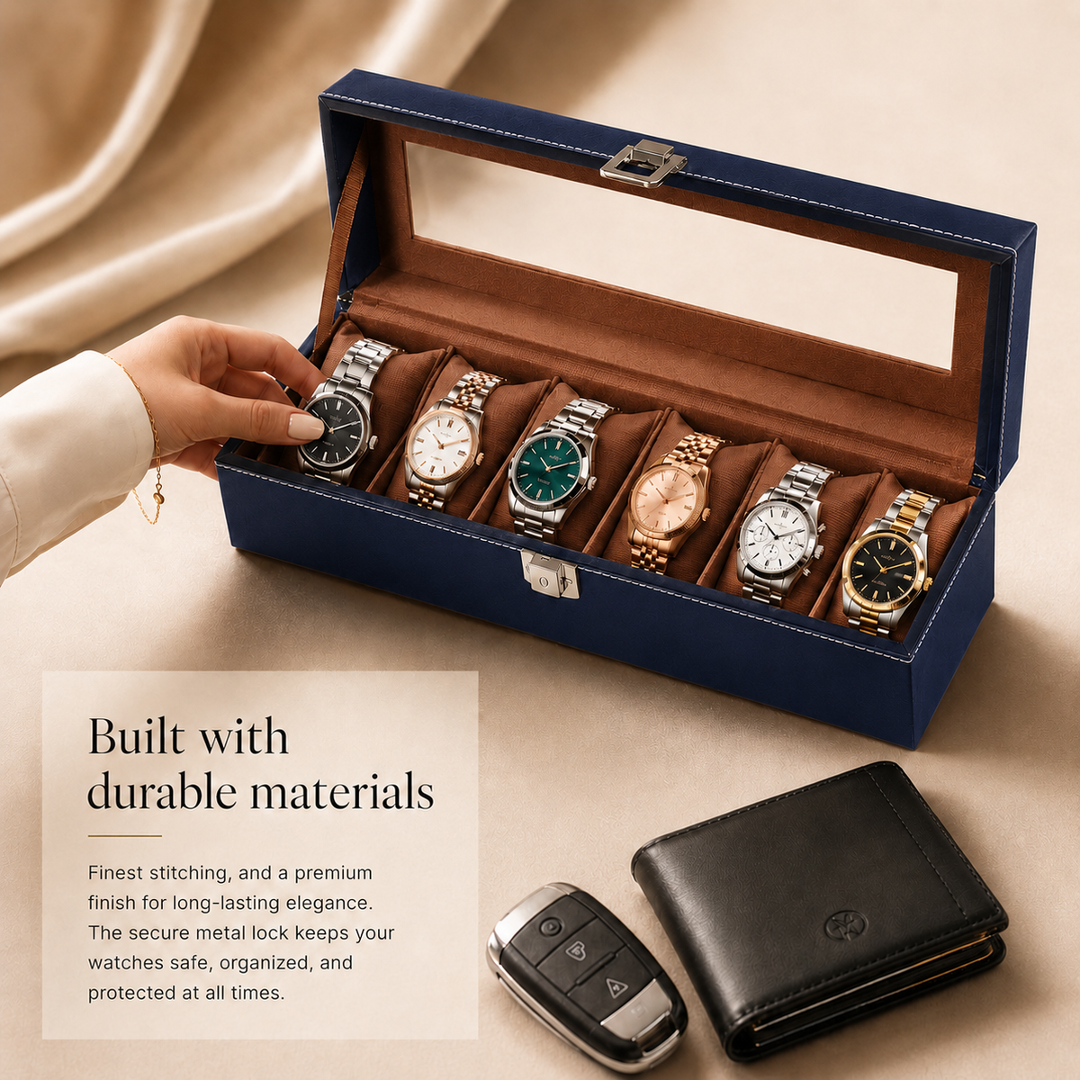 Matrix Accessorize Leather Watch Box Organizer- 6 Slots| Blue