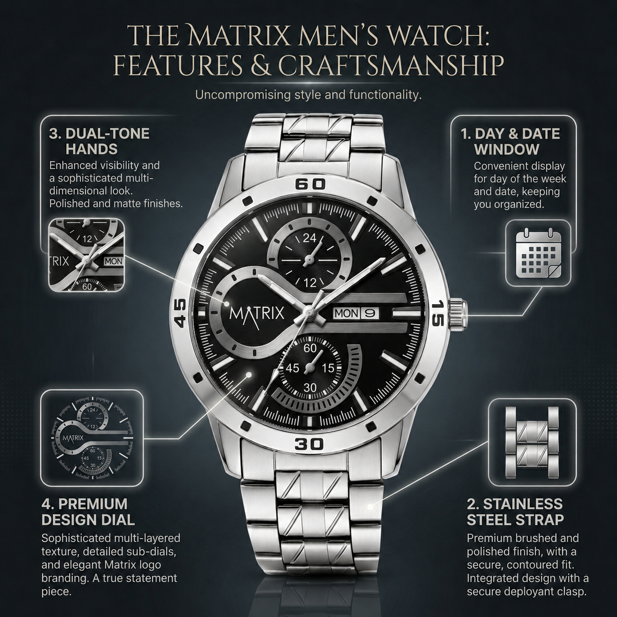 Matrix Superior Day & Date With Stainless Steel Strap Analog Watch For Men