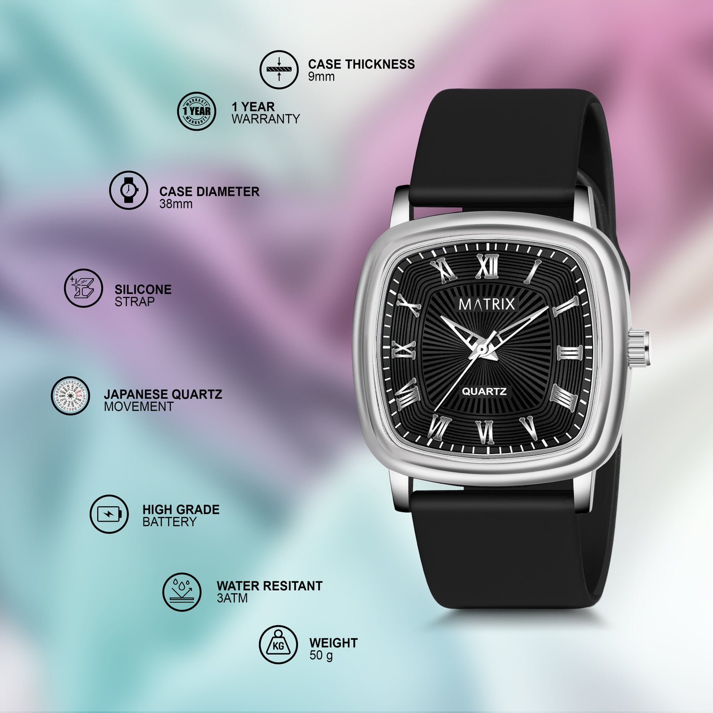 Matrix Iconic Square Dial Silicone Strap Analog Watch for Men