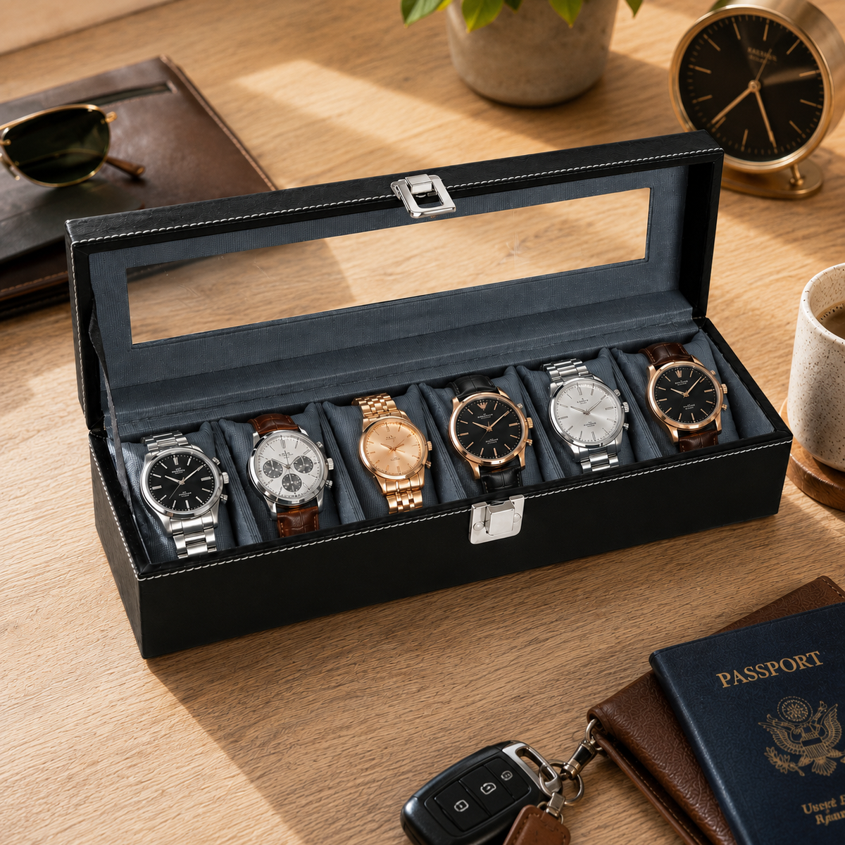 Matrix Accessorize Leather Watch Box Organizer-6 Slots| Black