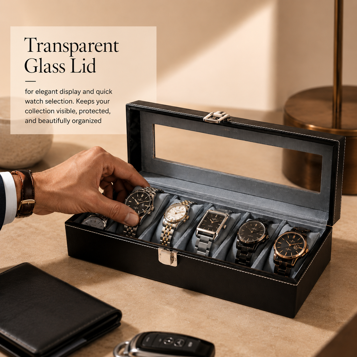 Matrix Accessorize Leather Watch Box Organizer-6 Slots| Black
