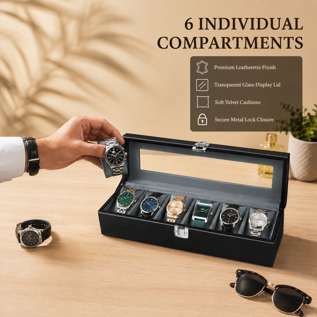 Matrix Accessorize Leather Watch Box Organizer-6 Slots| Black