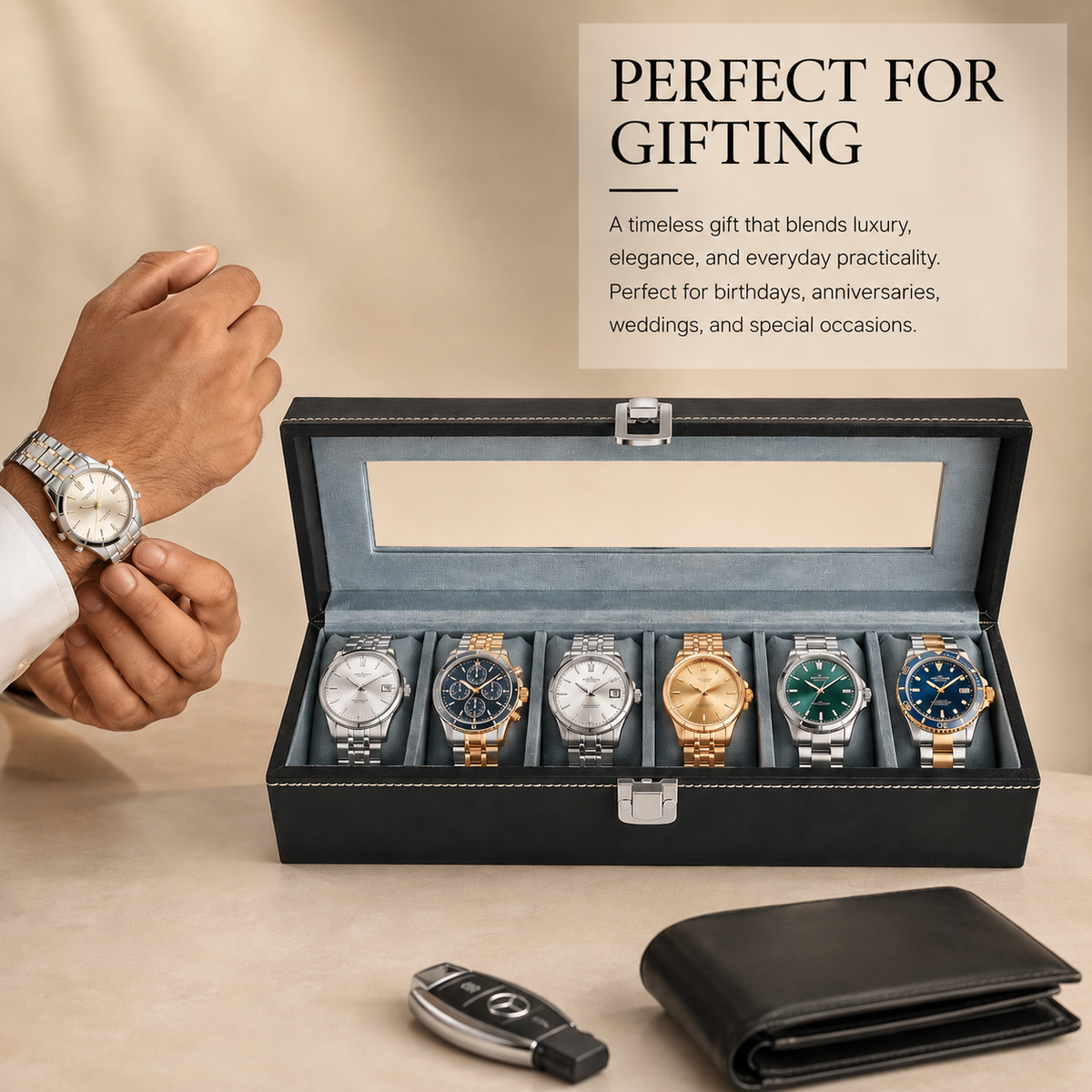 Matrix Accessorize Leather Watch Box Organizer-6 Slots| Black