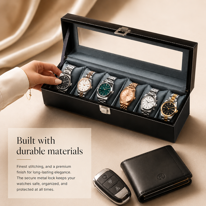 Matrix Accessorize Leather Watch Box Organizer-6 Slots| Black